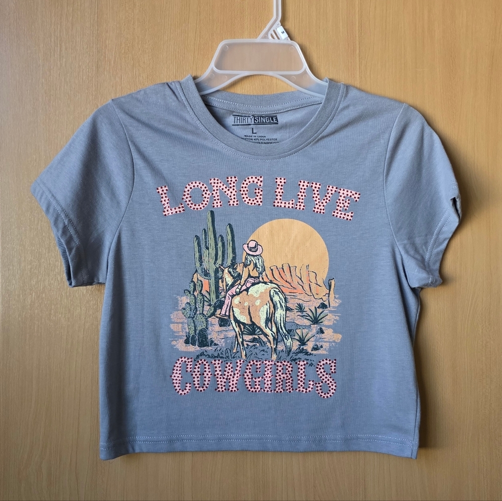 Thirty Single Long Live Cowgirls Rhinestone Crop Baby Tee L NWT